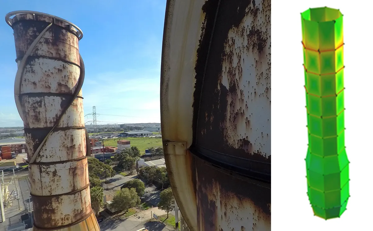Weathered industrial stack corrosion photos beside a colour-coded finite element structural model of the tower
